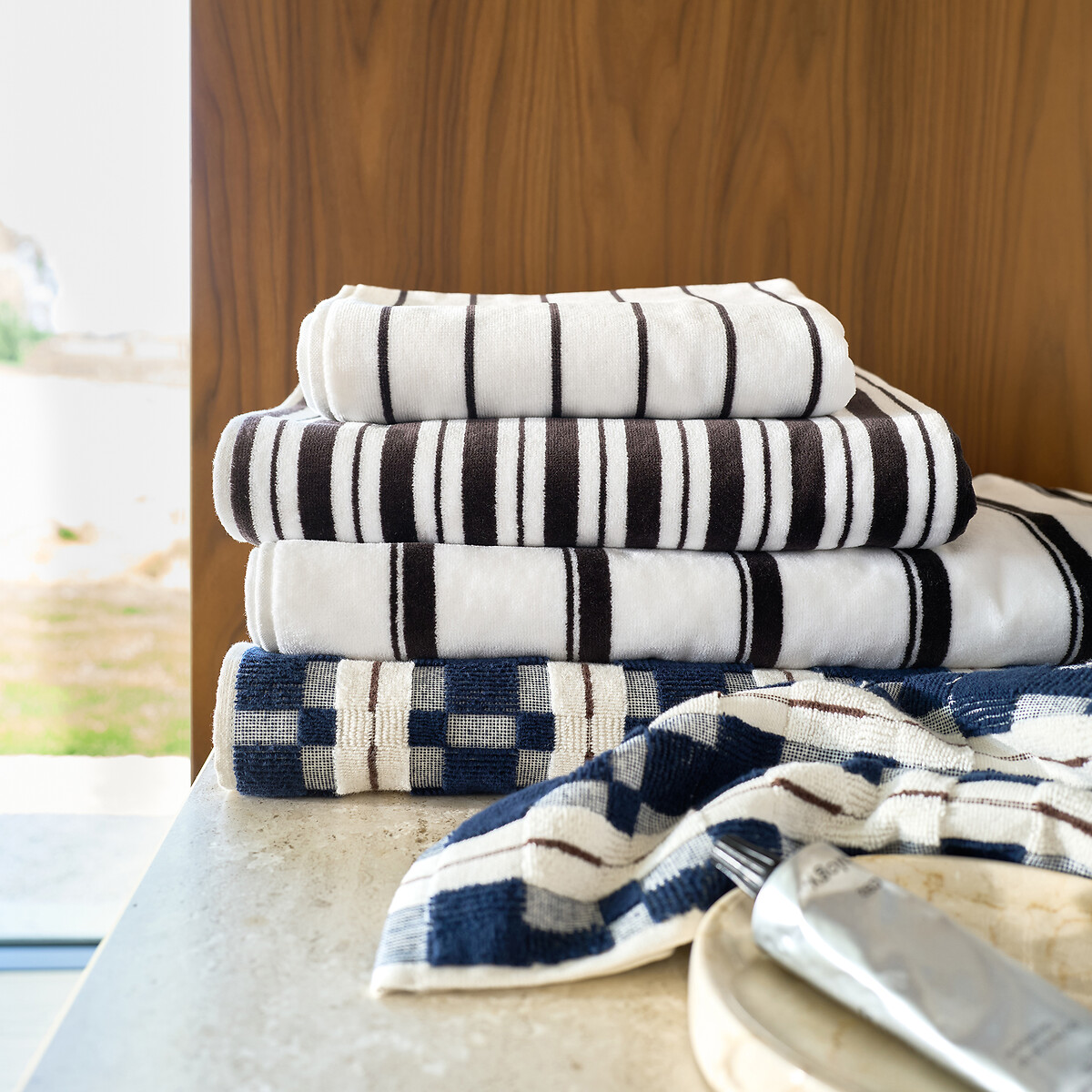 Serviette de toilette éponge velours, Jila blanc/gris foncé, LA REDOUTE INTERIEURS