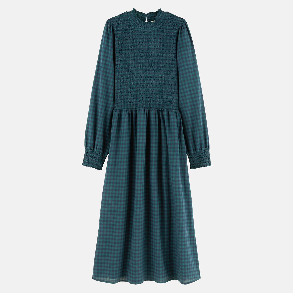Robe midi à carreaux, manches longues, smockée carreaux bleu/vert, LA REDOUTE COLLECTIONS