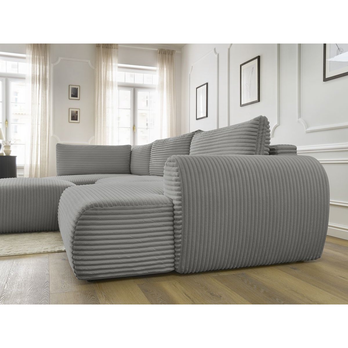 Canapé panoramique convertible 6 places en gros côtelé doux avec pouf, LUCIEN gris foncé, BOBOCHIC
