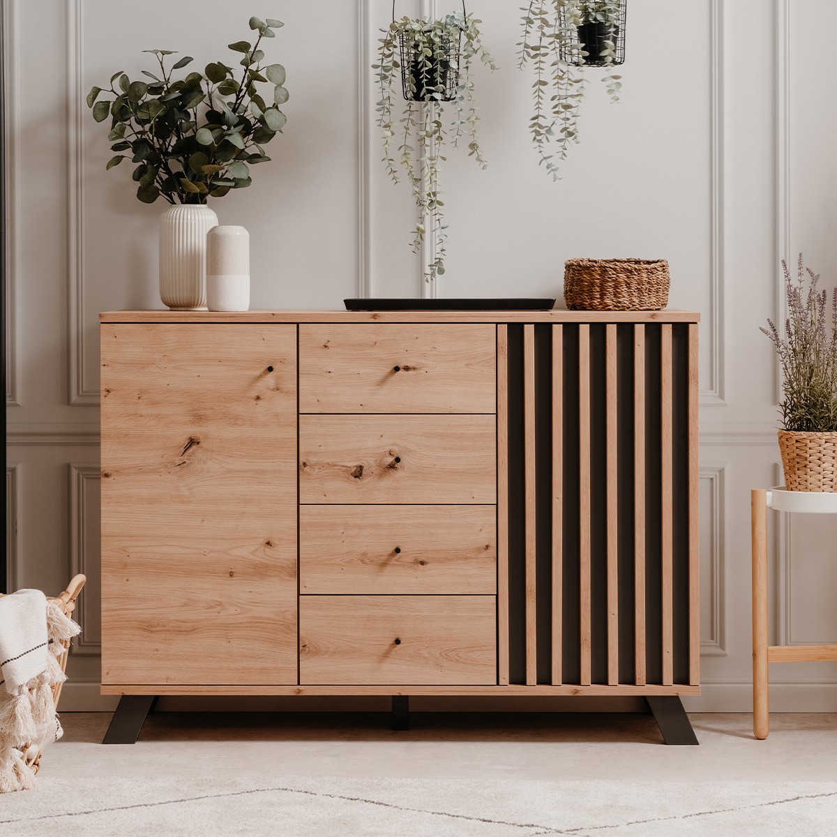 Buffet 2 portes et 4 tiroirs décor chêne artisan L118 cm - LUBLIN bois clair, CALICOSY