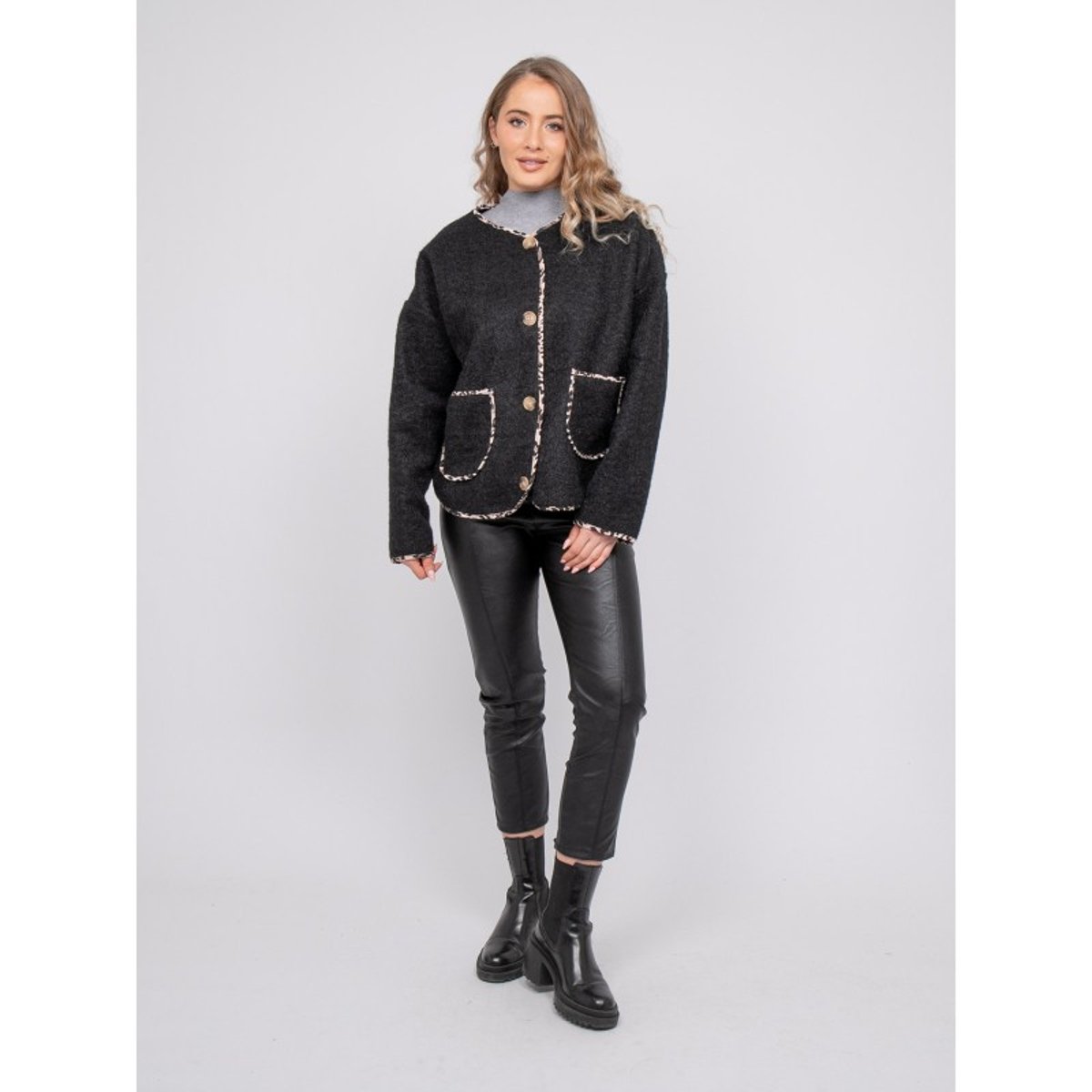 Veste Courte En Lainage Bouclé Biais Léopard Ubila noir, DONA LISA