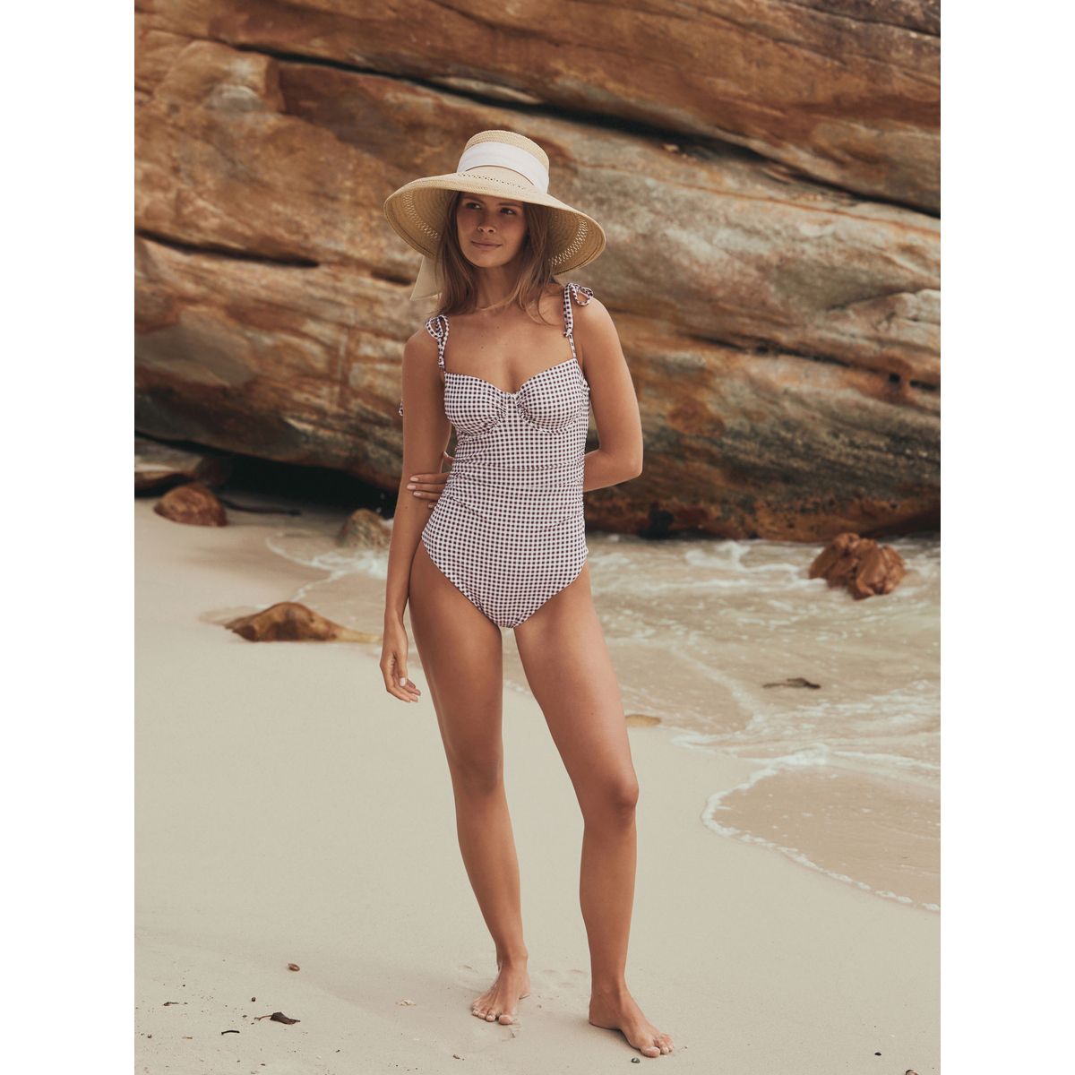 Maillot de bain à armatures non rembourré vichy marron chocolat/crème, NEXT