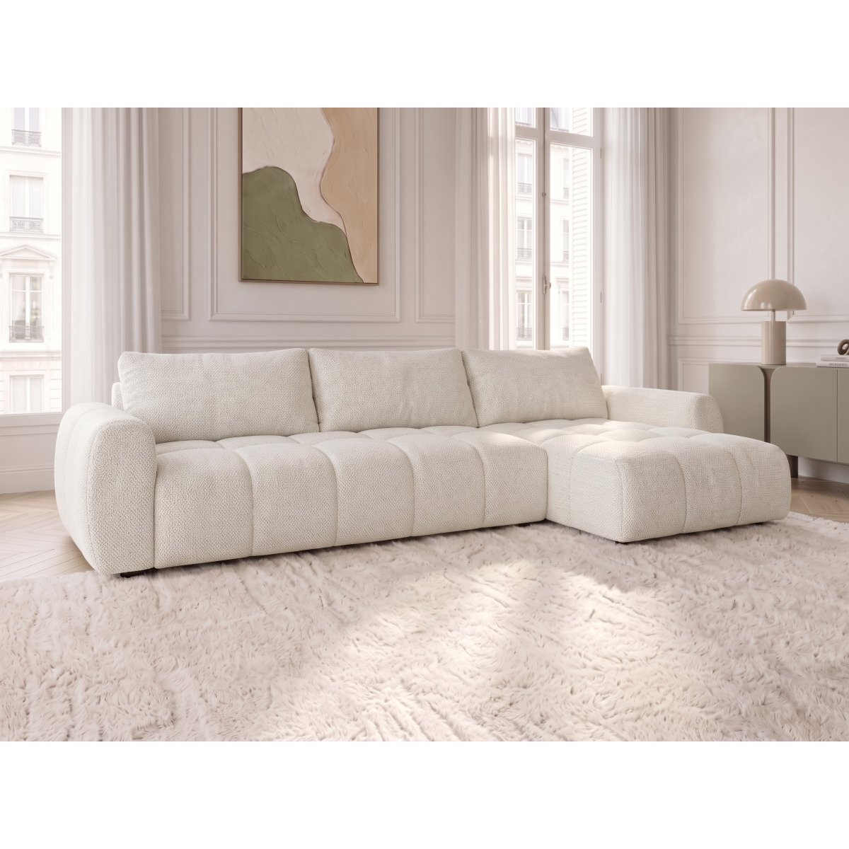 Canapé d'angle convertible 3 places en tissu chiné, FUJI blanc, BOBOCHIC