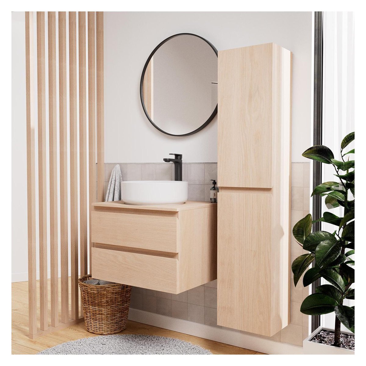 Ensemble meuble simple vasque 60 cm + vasque + robinet + miroir + colonne SORRENTO chêne, MOB IN