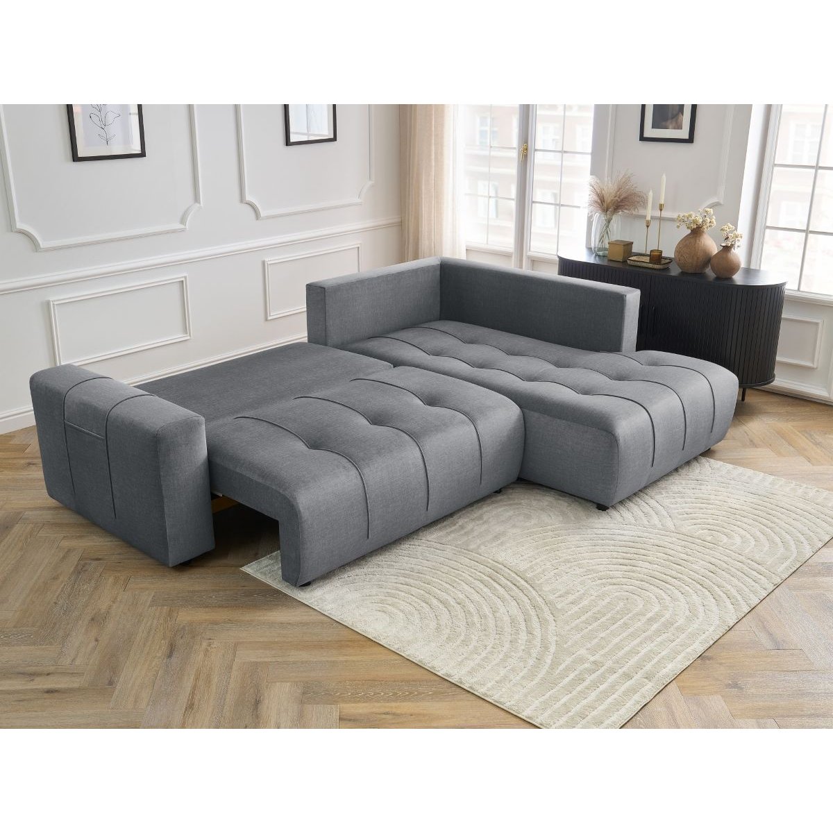 Canapé d'angle convertible 3 places en velours, ARSENE gris foncé, BOBOCHIC