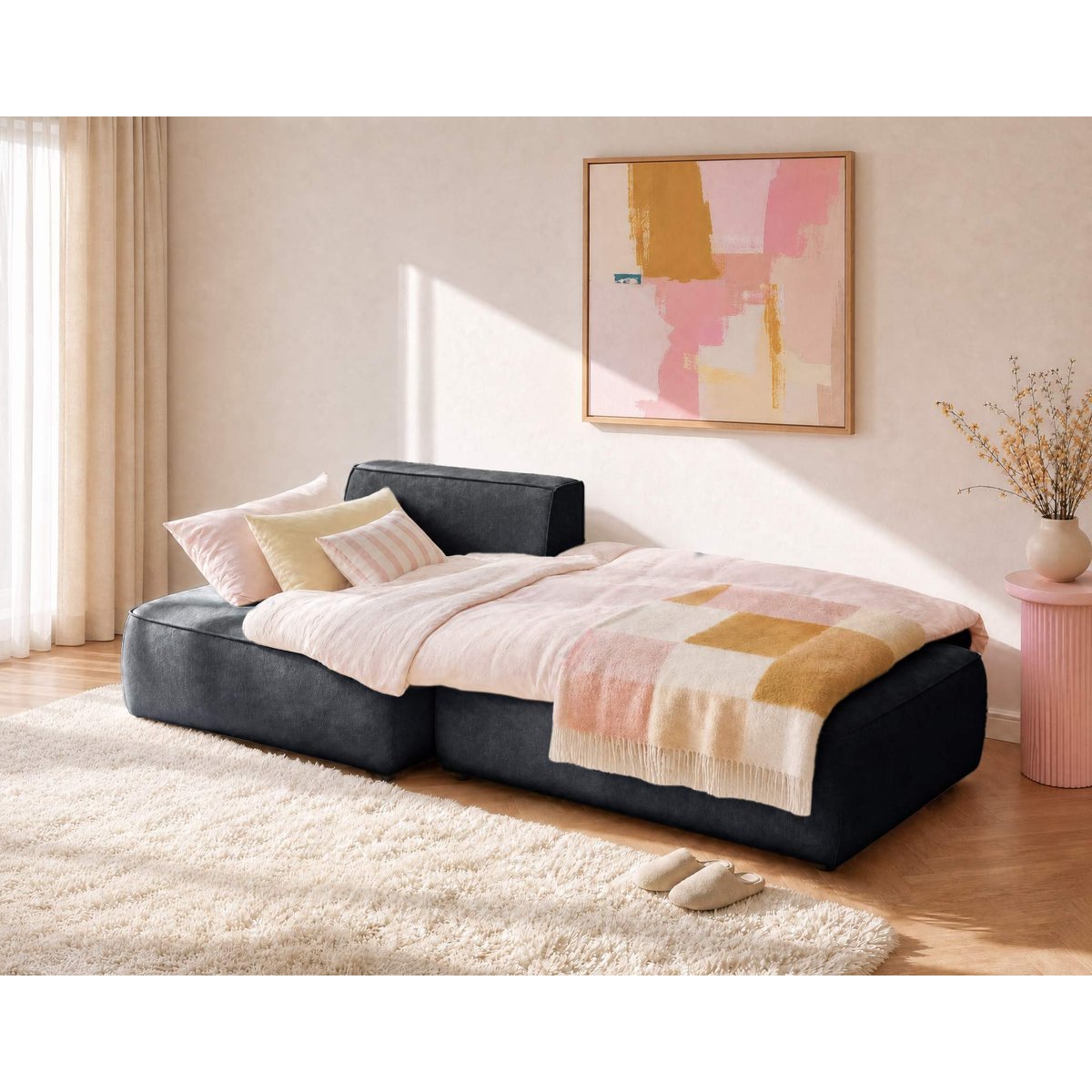 Canapé d'Angle Convertible en Velours 4 places - LISETTE noir, BEST MOBILIER