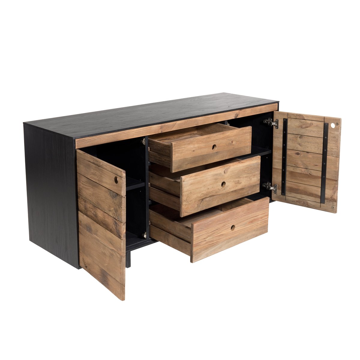 Buffet bahut style moderne facade en bois recyclé avec tiroirs et contour noir CRACOVIE bois naturel, PIER IMPORT