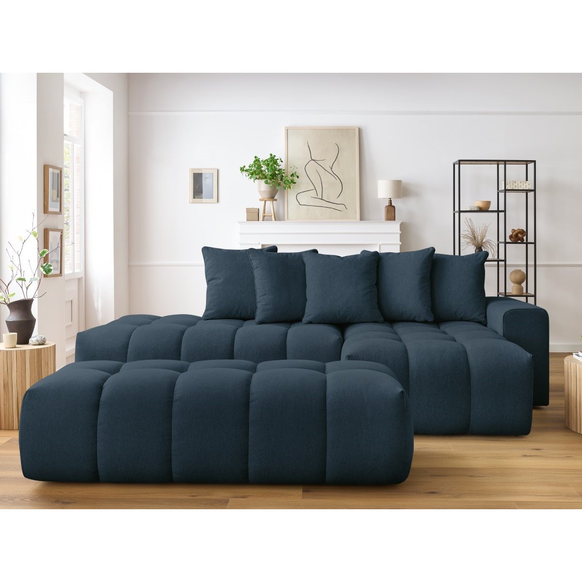 Canapé d'angle fixe 4 places en tissu chiné avec pouf, MONT-BLANC bleu foncé, BOBOCHIC