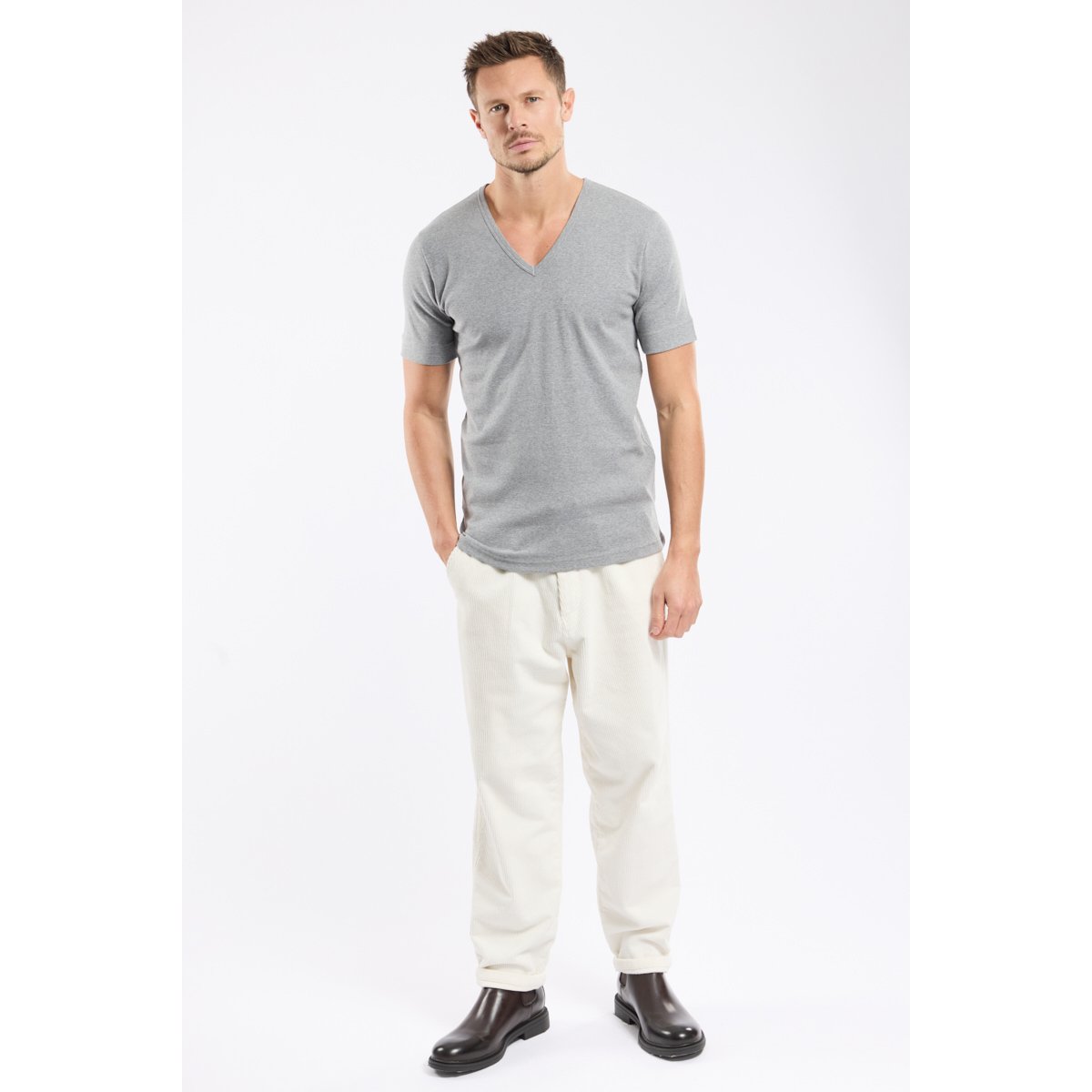 T-shirt col V en coton gris chiné clair, ARMOR-LUX