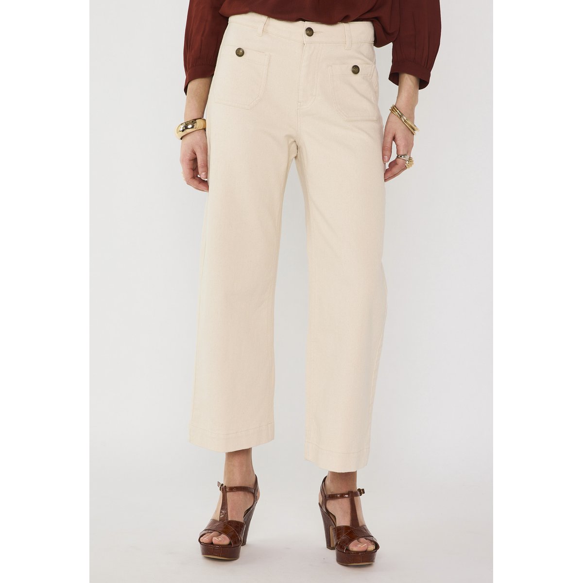 Jean large et cropped en coton mélangé MAE creme, Maison 123