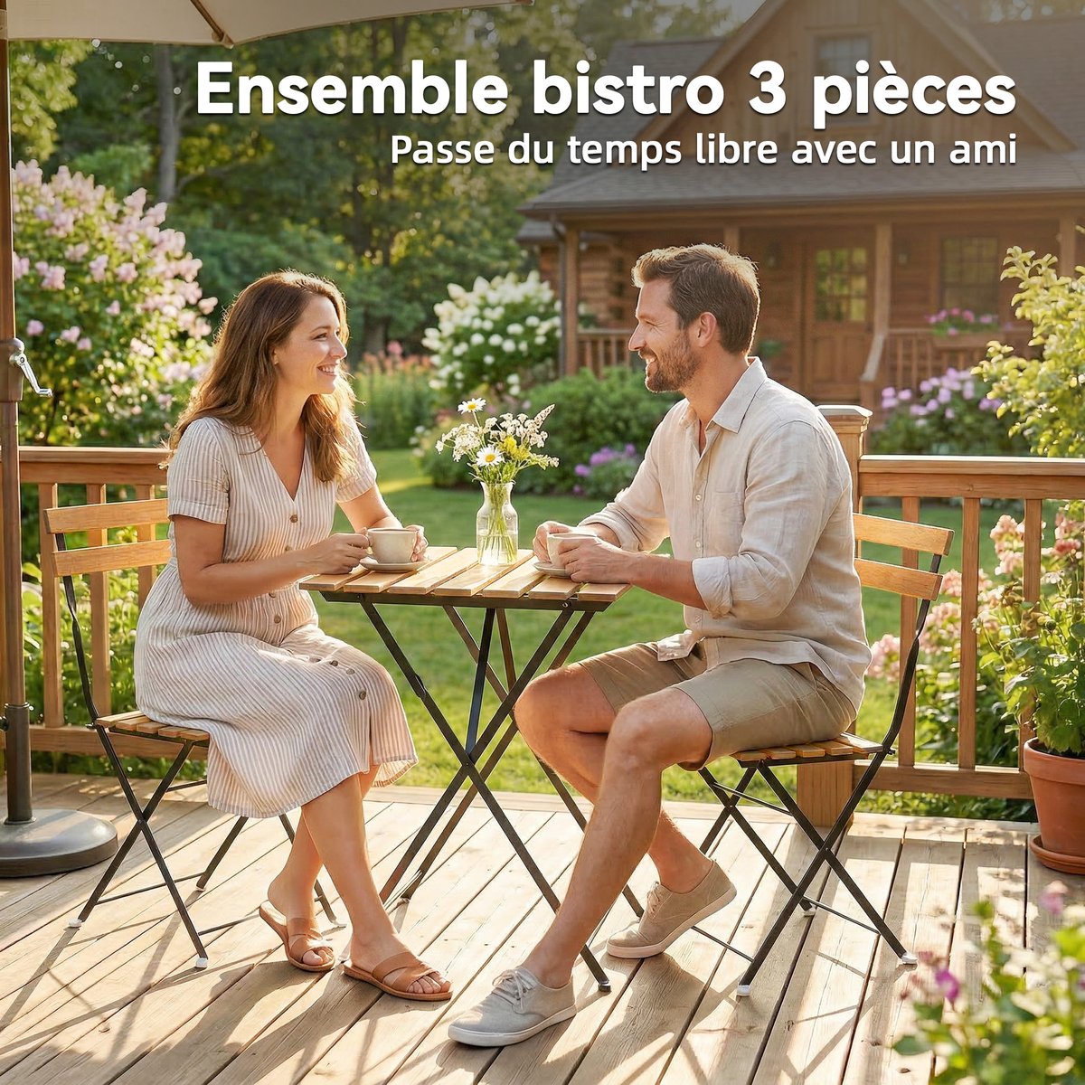 Ensemble de bistrot d'extérieur Métal bois naturel, noir, OUTSUNNY