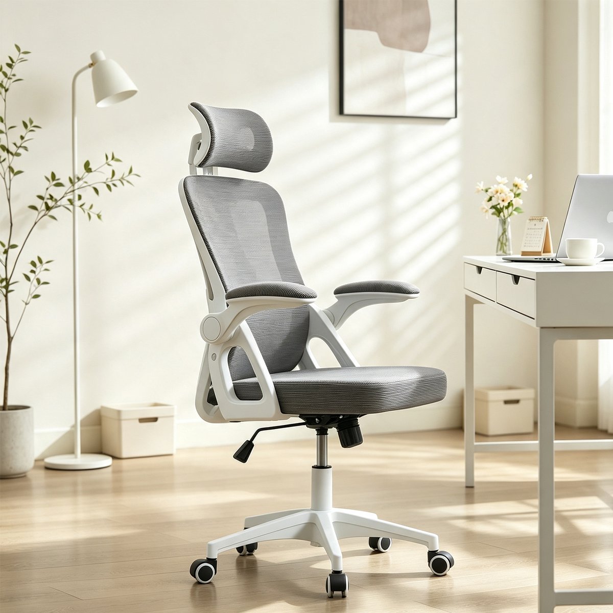 Chaise de bureau ergonomique pivotante réglable en hauteur, DARVEN gris, MEUBLES COSY