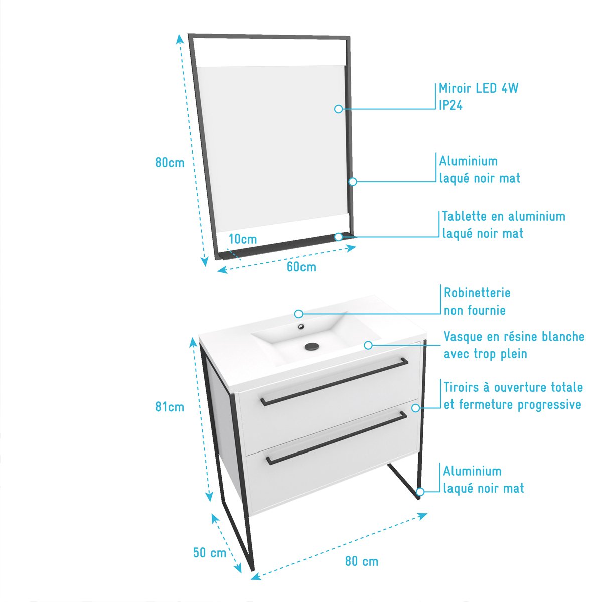 Pack caisson vasque et miroir à led blanc, HOME MAISON