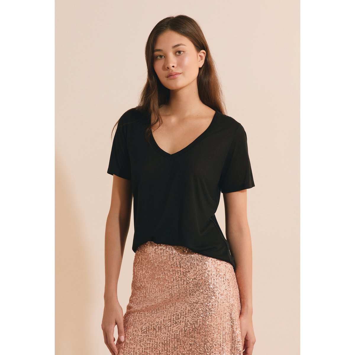 T-shirt col V manches courtes ALEXIS TS V noir, ETAM
