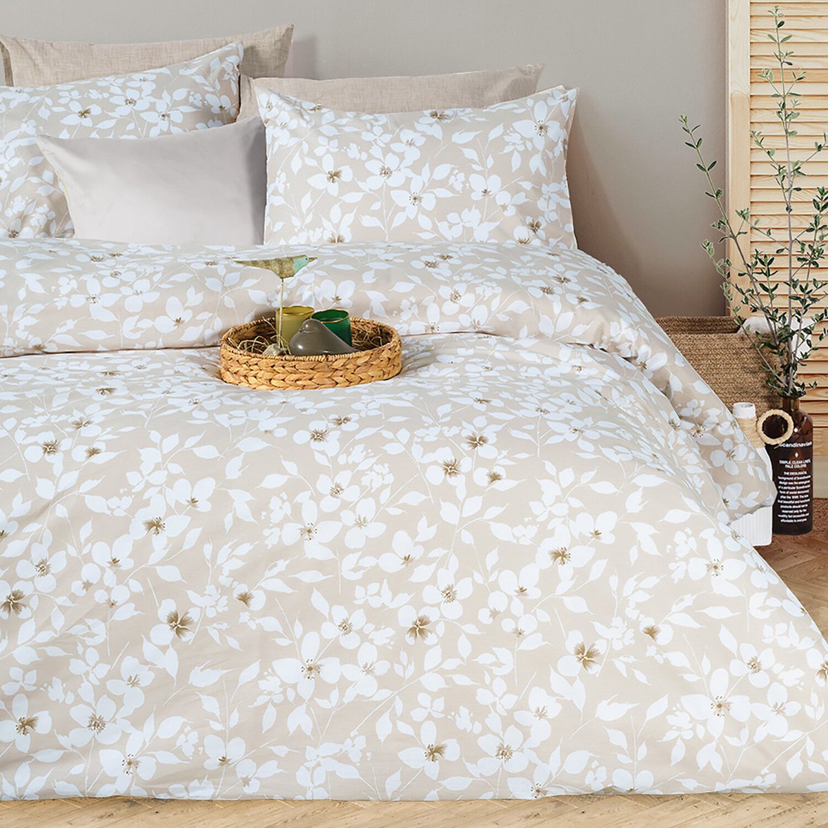 Paure de couette et tai(e) coton imprimé, flower beige beige, C DESIGN HOME TEXTILE