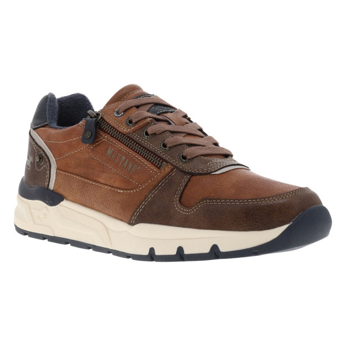 Baskets cognac à talon plat avec des lacets et un zip latéral cognac, MUSTANG