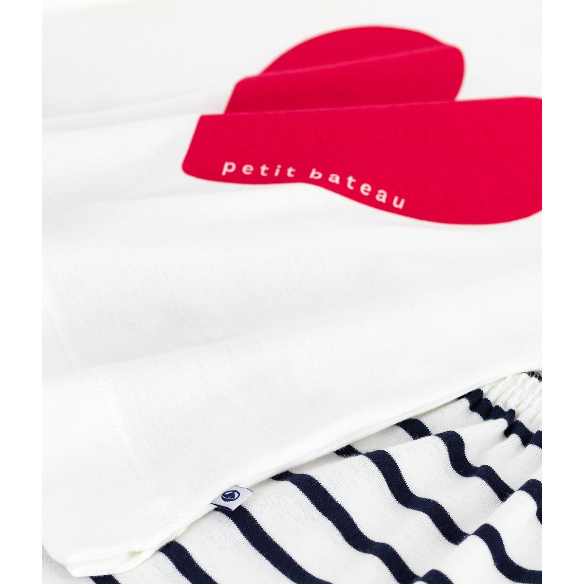 Pigiama corto in cotone con motivo a cuore e righe bianco, PETIT BATEAU