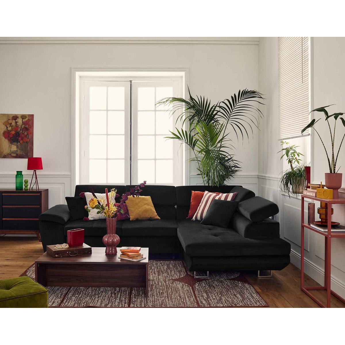 Canapé d'angle droit convertible 5 places, DIMAS noir, BEST MOBILIER