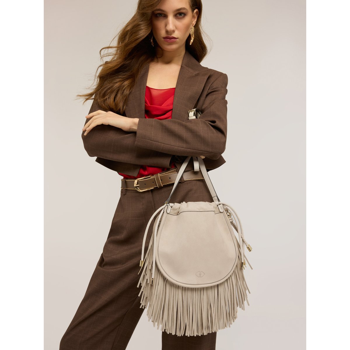 Sac bandoulière à franges beige, MOTIVI