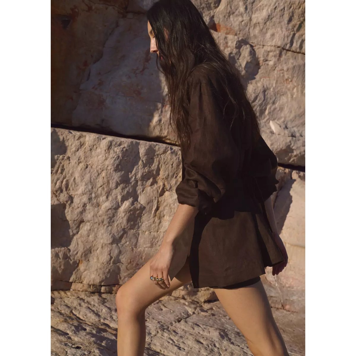 Jupe-culotte en lin chocolat, MANGO