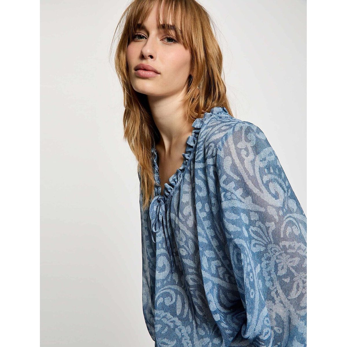 Bedrukte blouse met V-hals bedrukt blauw, MORGAN