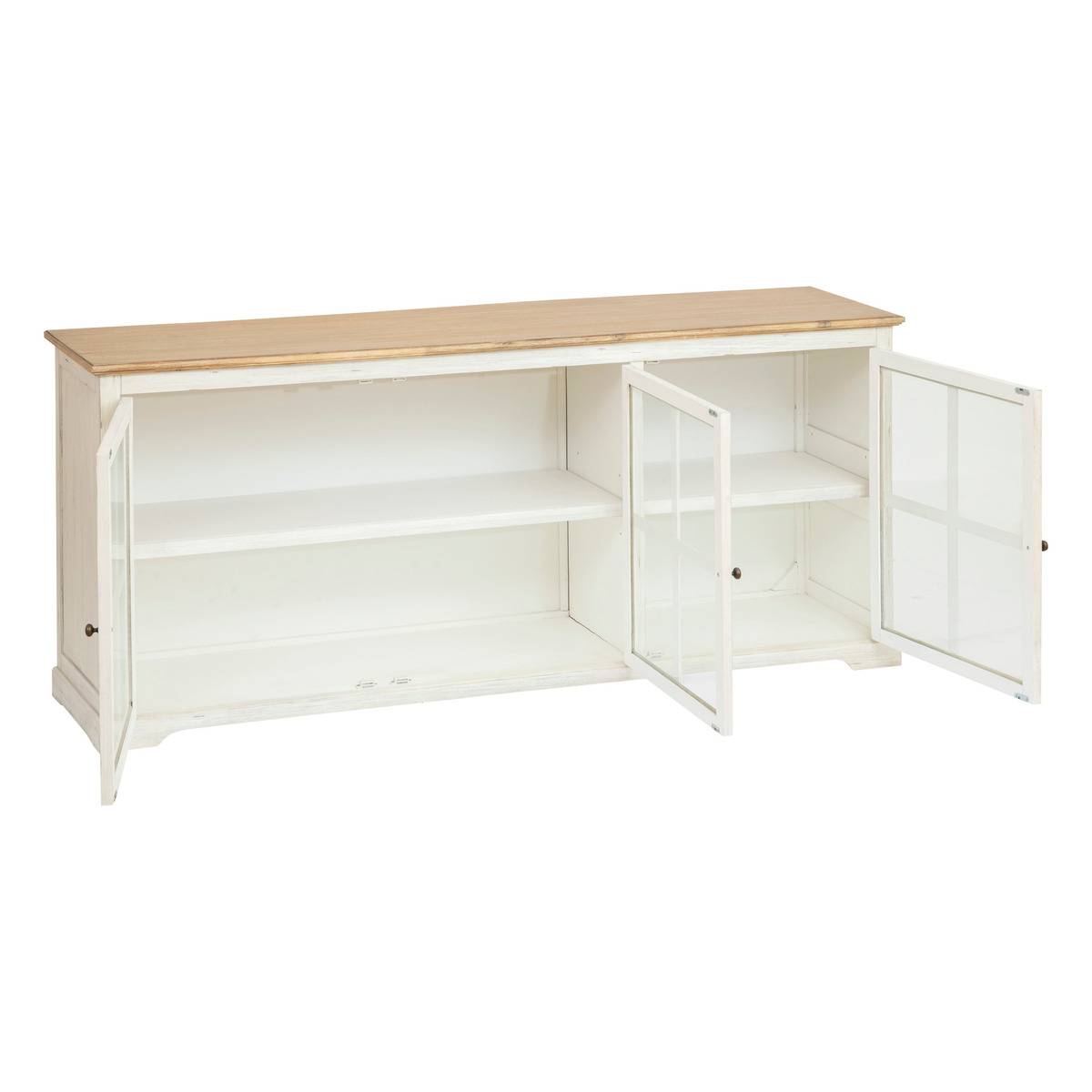 Buffet 3 portes vitrées en bois d'acacia cérusé OLBIA blanc, ATMOSPHERA