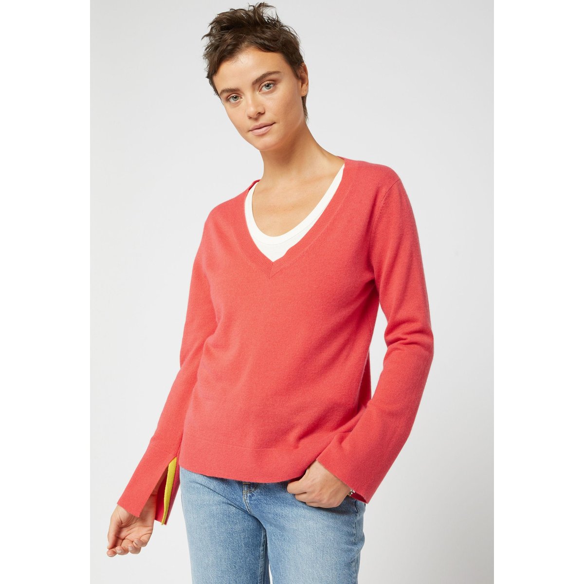 Pull col V en cachemire orange corail, RODIER