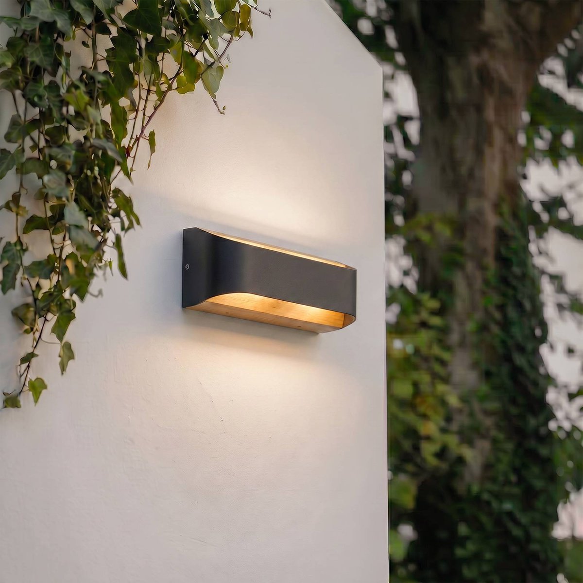 Applique extérieure en aluminium moderneLED noir, bois clair, LINDBY