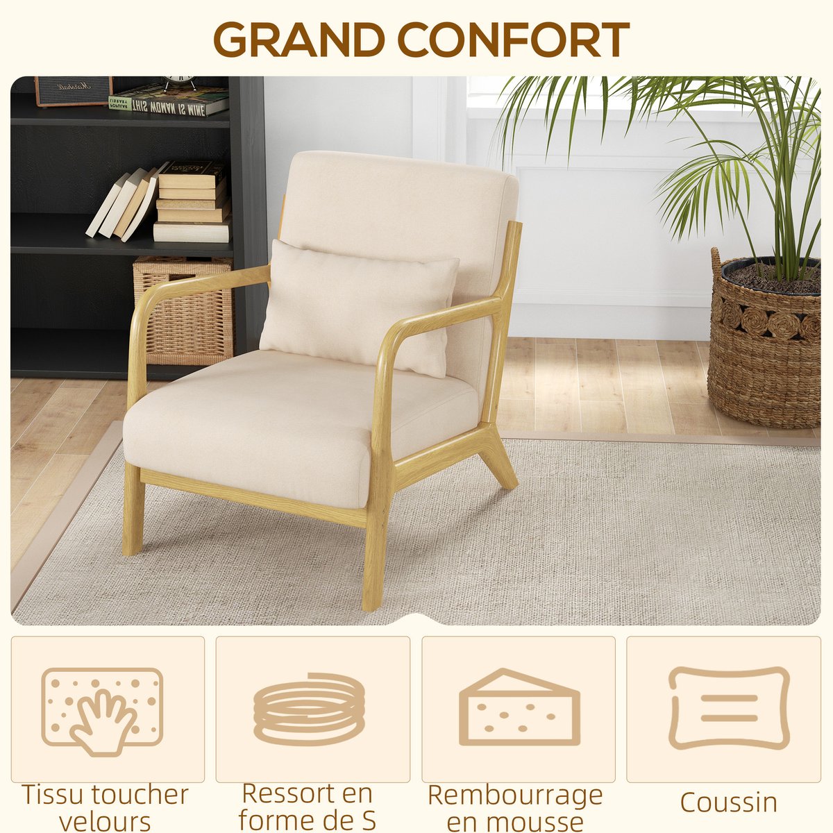 Accent Chair velours (100 % polyester) Beige beige, bois naturel, HOMCOM