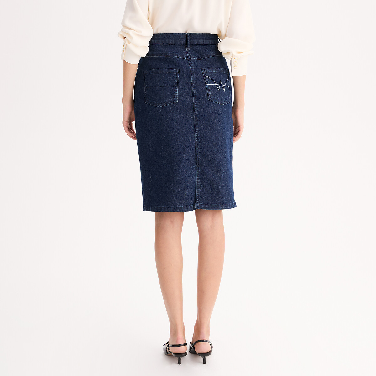 Jupe droite en denim stretch, mi-longue bleu brut, ANNE WEYBURN