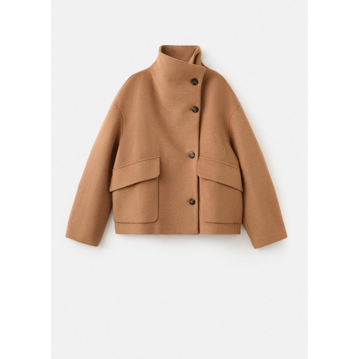 Manteau laine mélangée col cheminée marron moyen, MANGO