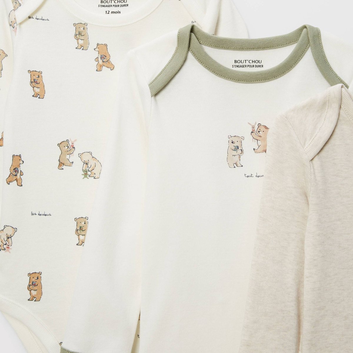 Lot de 5 bodies manches longues imprimé en coton BIO GOTS ecru, BOUT'CHOU