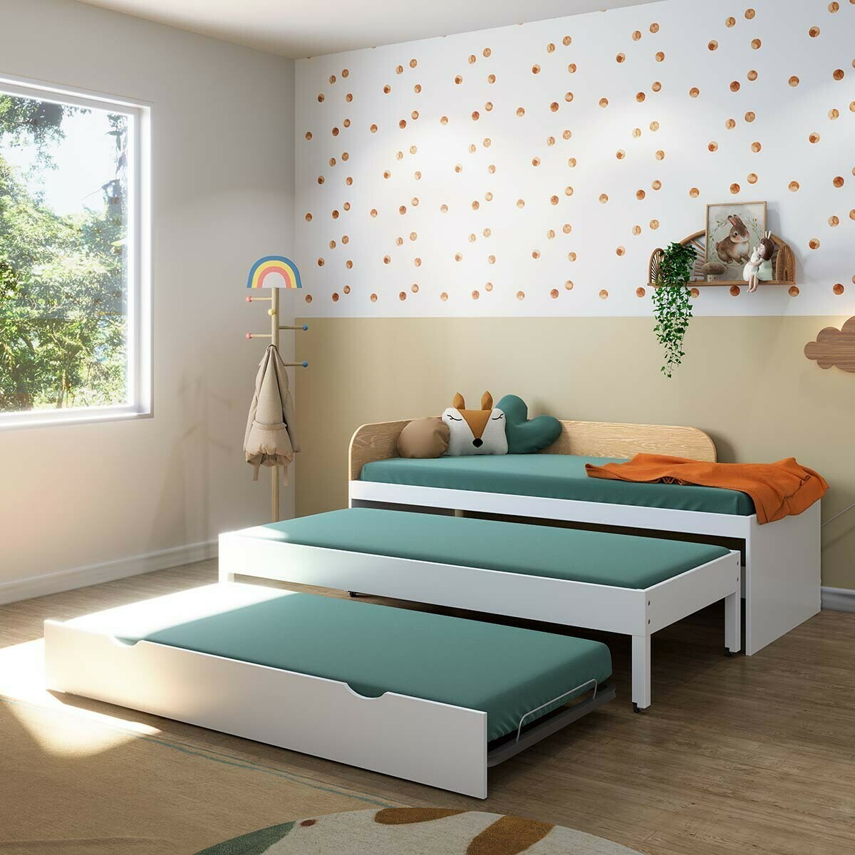 Pack lit gigogne 3 places avec matelas Bois massif NOHA blanc, AKITEN RETAIL