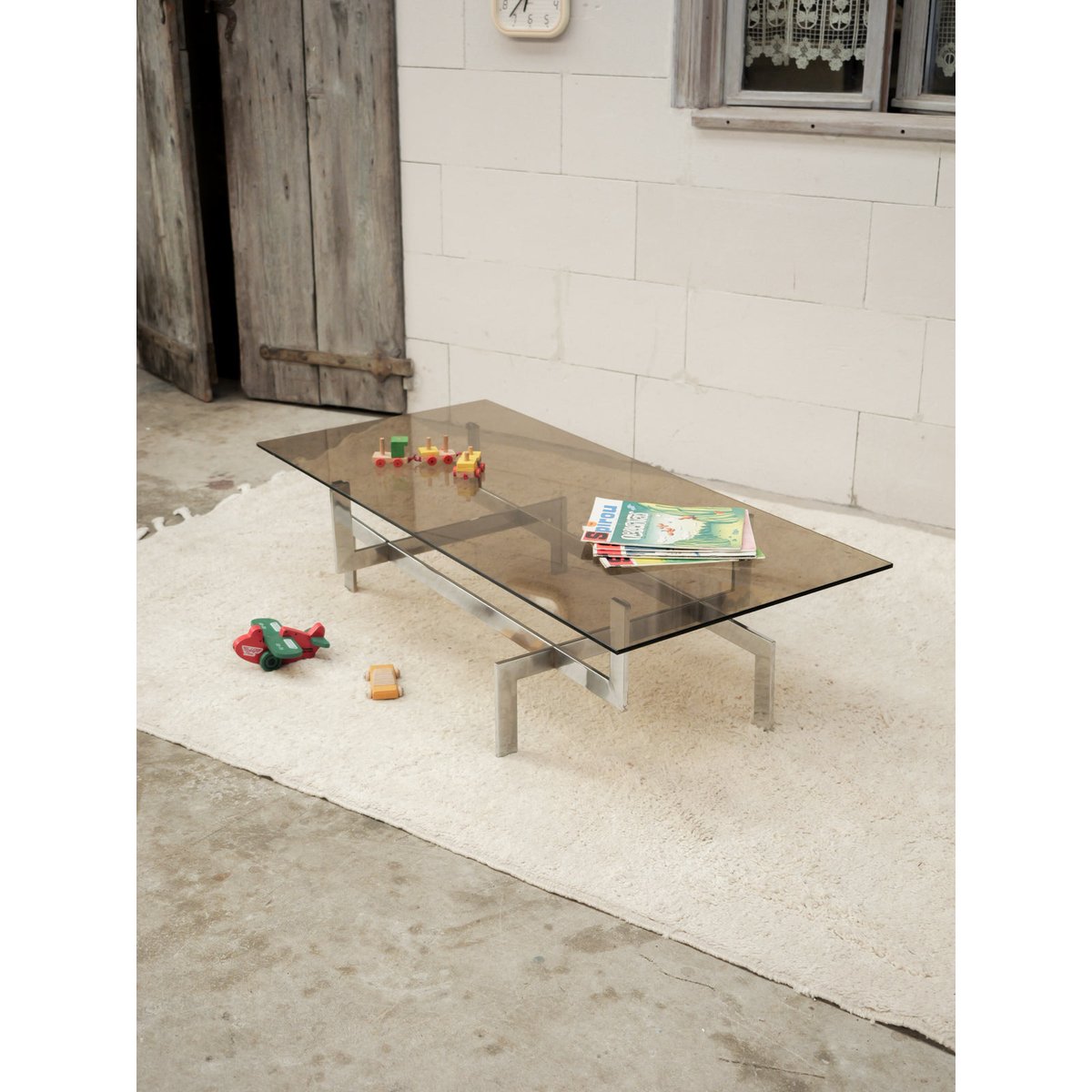 Table basse en verre et pieds chromé Donna N°1573 - Bon état transparent, DEBONGOUT