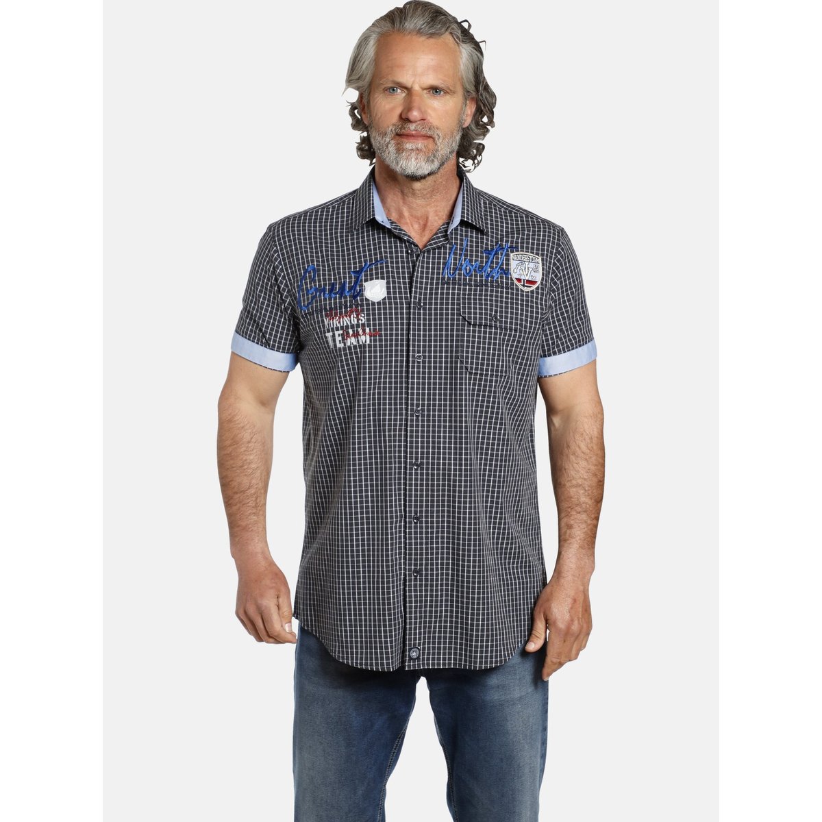 Chemise à manches courtes AJULE bleu foncé à carreaux, JAN VANDERSTORM