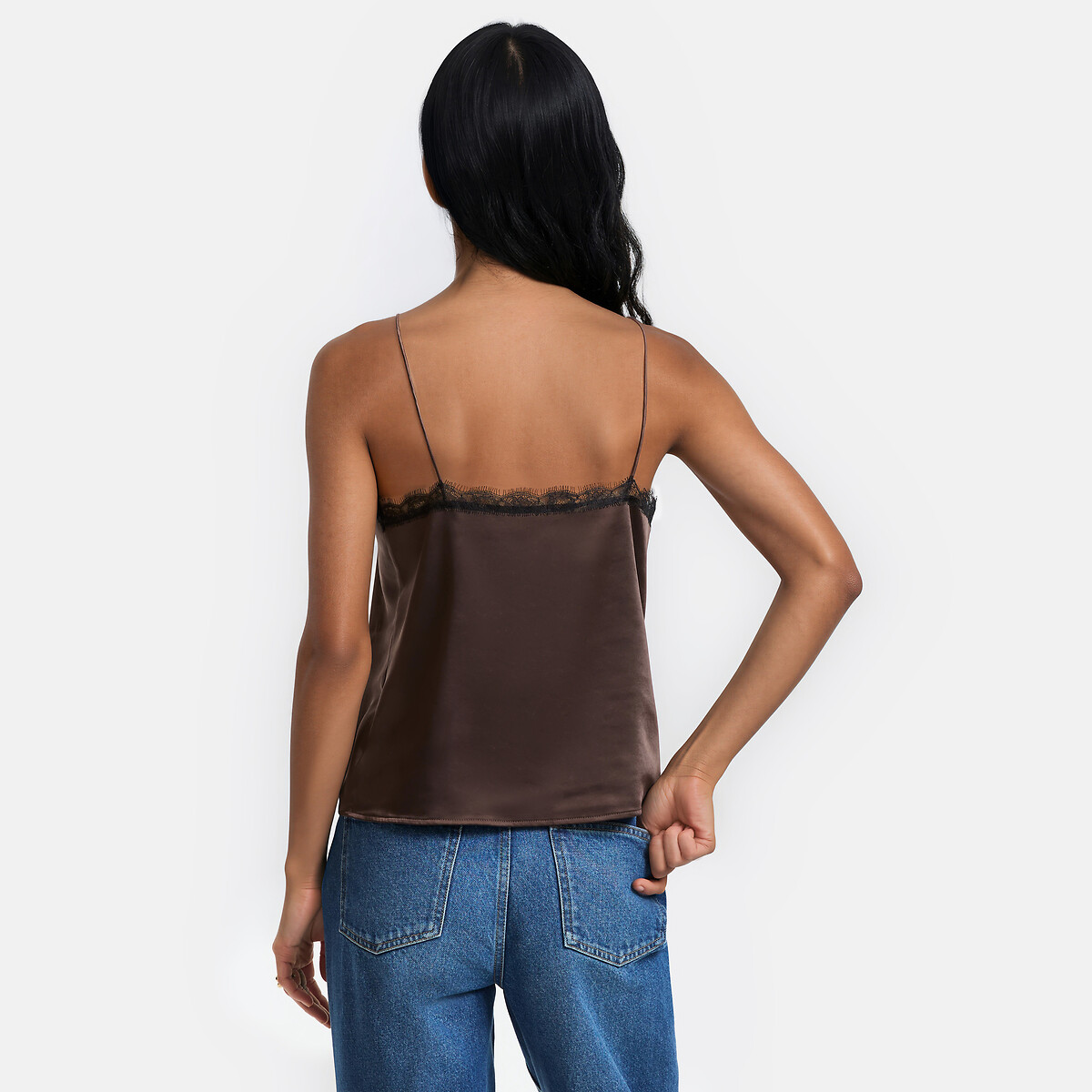 Top de satén con tirantes finos y encaje marrón, LA REDOUTE COLLECTIONS