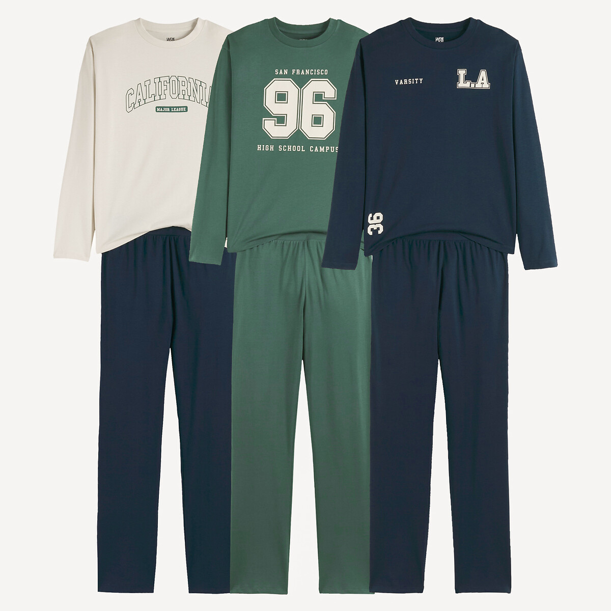 Lot de 3 pyjamas, esprit campus, en coton assortis, LA REDOUTE COLLECTIONS