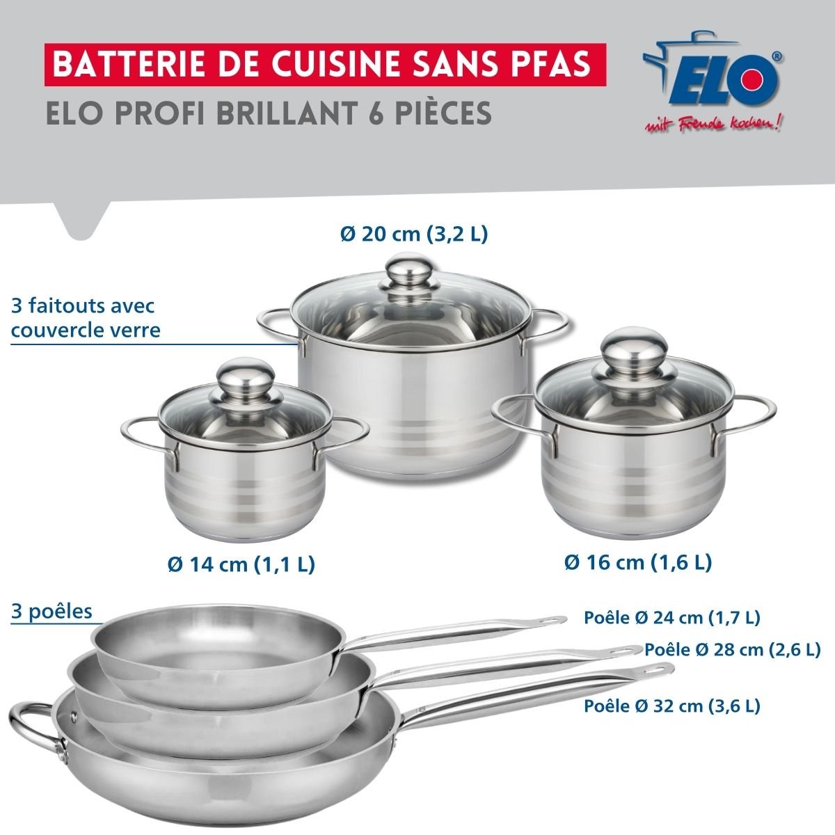 3 poêles 24/28/32cm + 3 faitouts 14/16/20cm PROFI BRILLANT gris, ELO