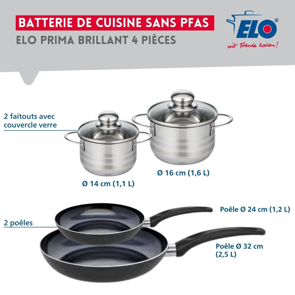 Batterie 2 poêles 24/32cm + 2 faitouts 14/16cm PRIMA BRILLANT noir, ELO