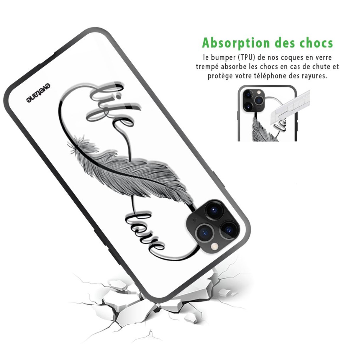 Coque en verre trempé iPhone 11 Pro love life, EVETANE