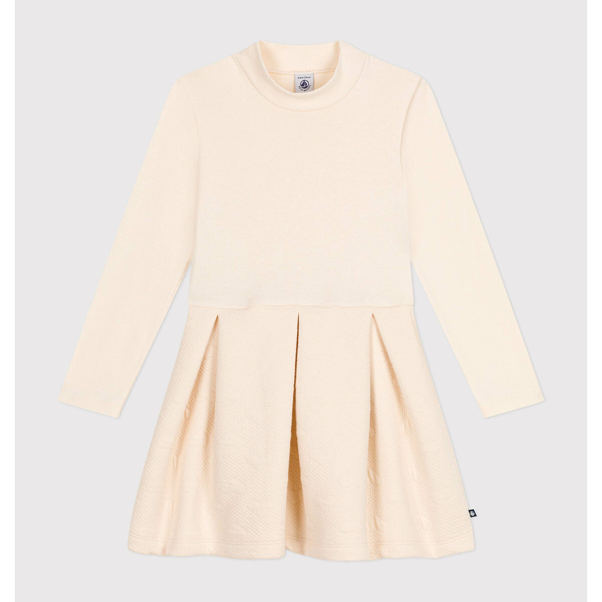 Cotton Dual Fabric Dress with Long Sleeves ecru , PETIT BATEAU