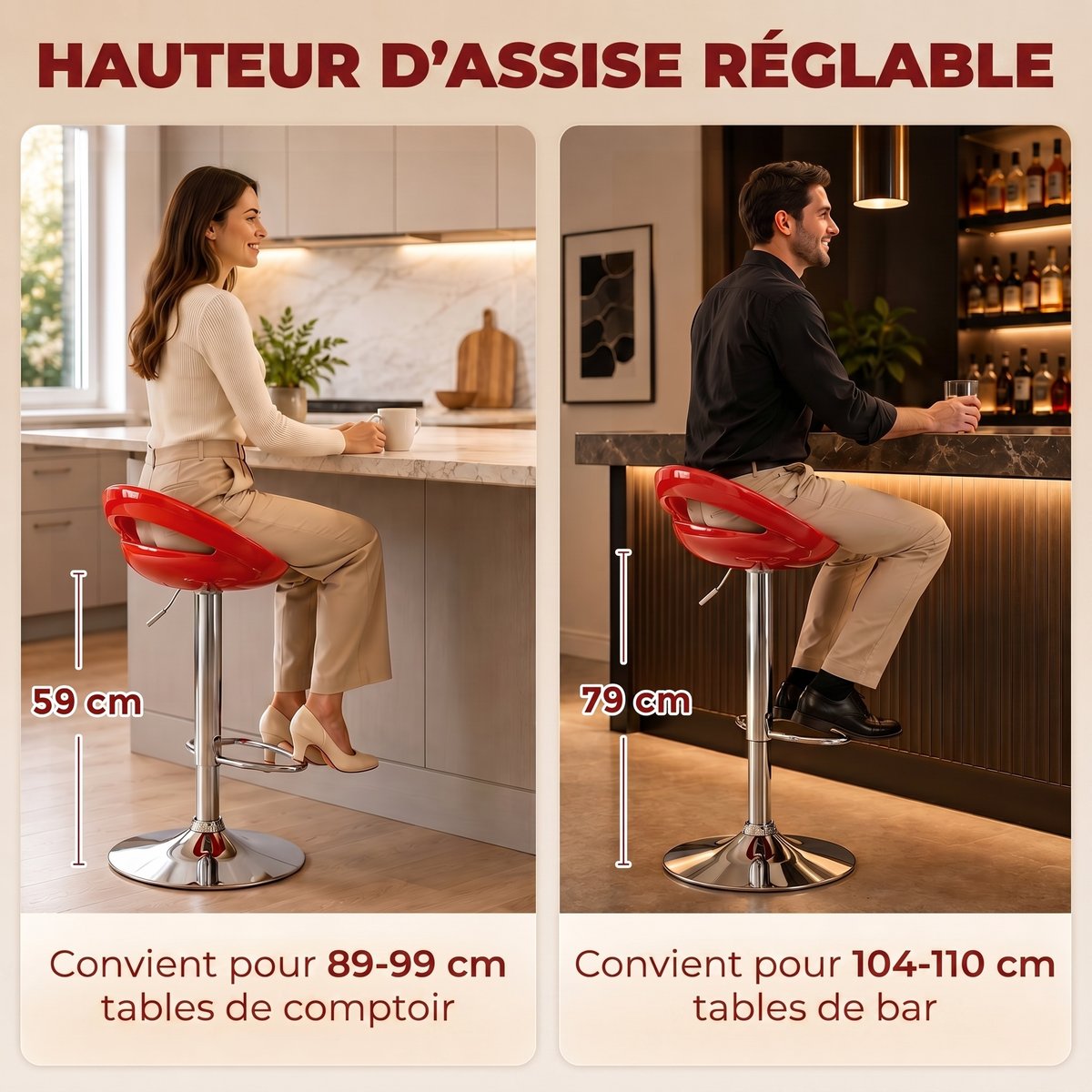 Tabouret de bar ABS Rouge rouge, HOMCOM