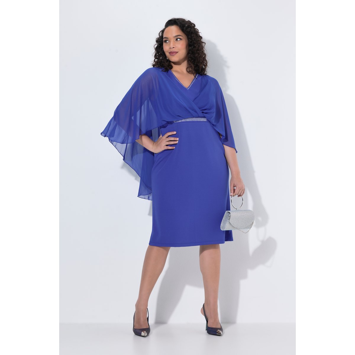 Robe midi décolleté en V et manches 3/4 bleu capri, ULLA POPKEN