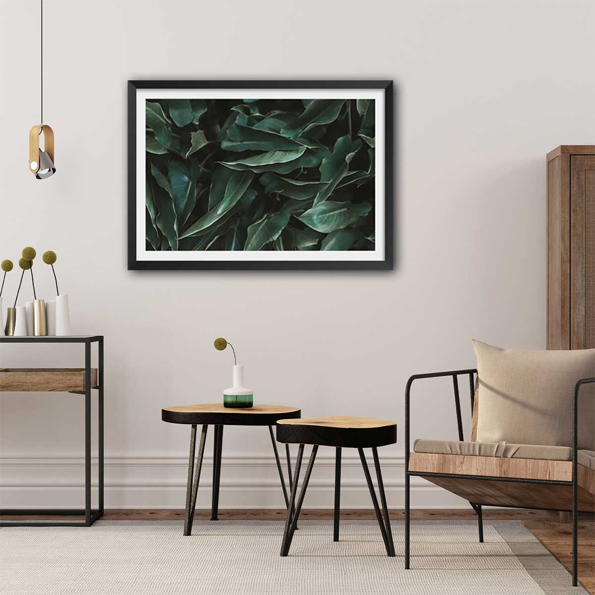 Affiche green leaves affiche + cadre en bois - noir, HEXOA
