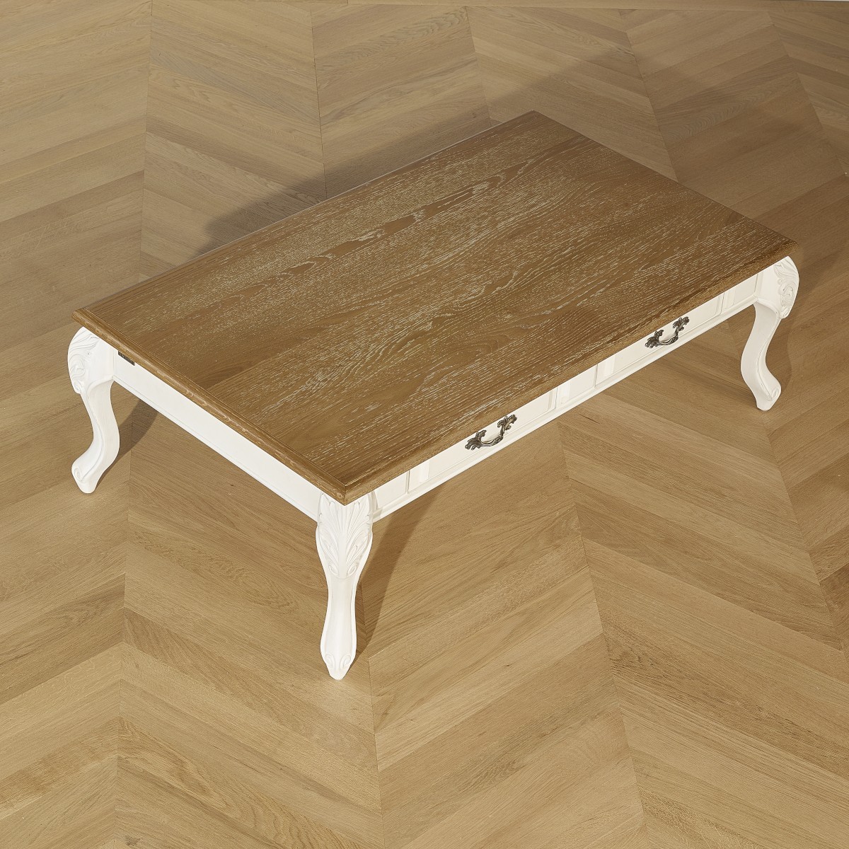 Table basse rectangulaire style shabby chic, plateau en chêne MARIANNE blanc, ROBIN DES BOIS