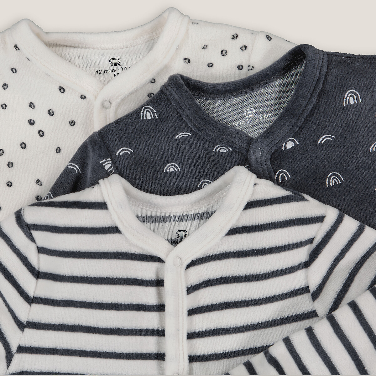 Set van 3 pyjama's in fluweel ecru+donkergrijs, LA REDOUTE COLLECTIONS