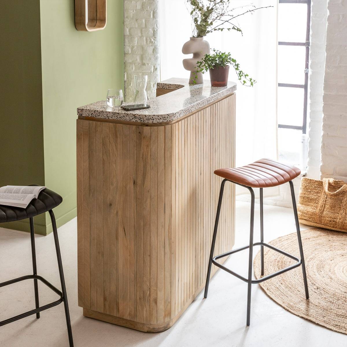 Meuble bar en bois de manguier et terrazzo LOU bois clair, MADE IN MEUBLES