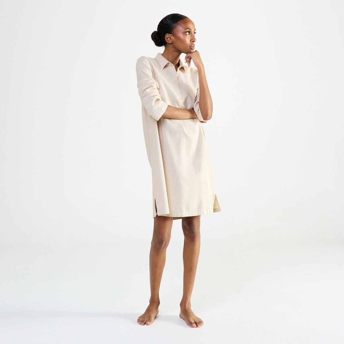 Chemise de nuit col classique en flanelle de coton FLANELLE RAYÉE beige, LAURENCE TAVERNIER