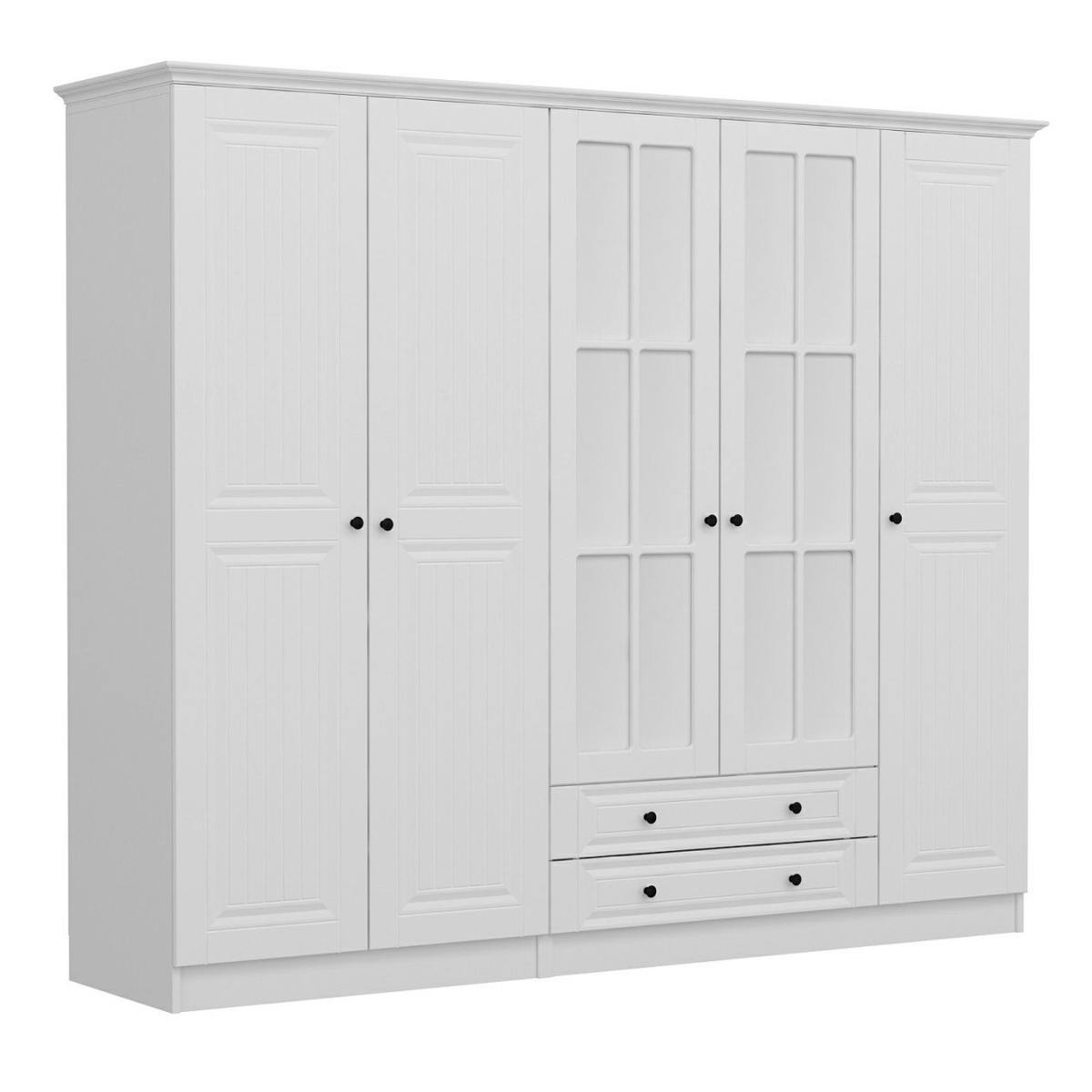 Armoire penderie blanche à moulures, 5 portes 2 miroirs BYRON blanc, PIER IMPORT