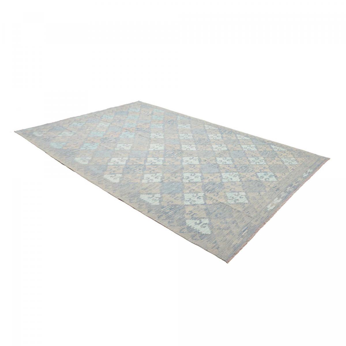 Tapis kilim au motif géométrique, tissé plat en laine, KILIM 55 bleu, beige, gris, UN AMOUR DE TAPIS
